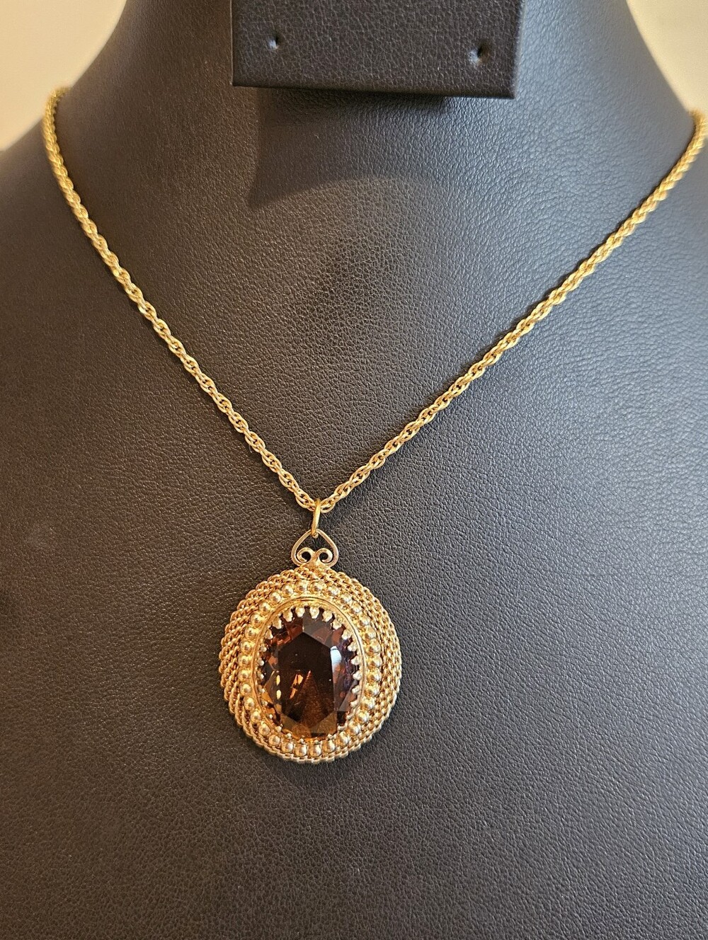 Gold-Tone Brown Crystal Pendant Necklace Vintage